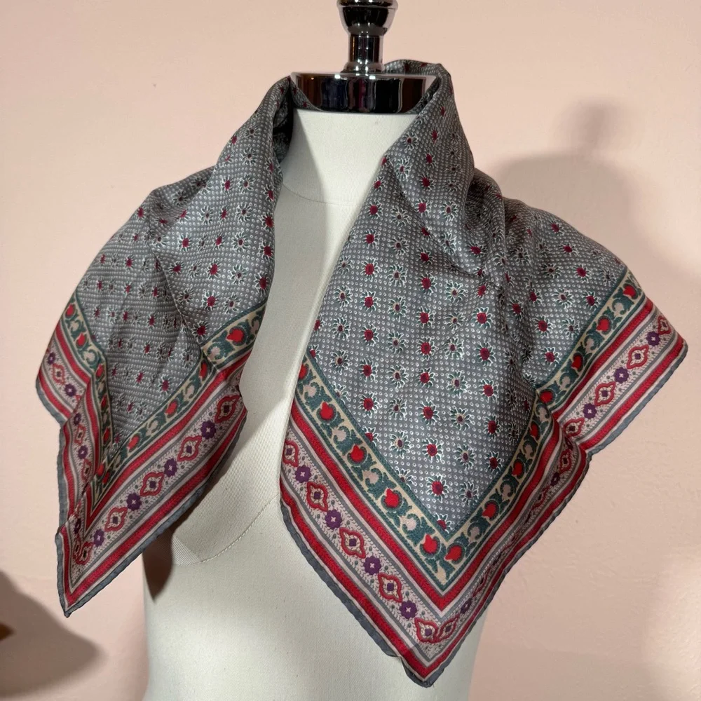 Anne Klein Vintage southwestern floral Grey teal Burgandy Red silk Scarf